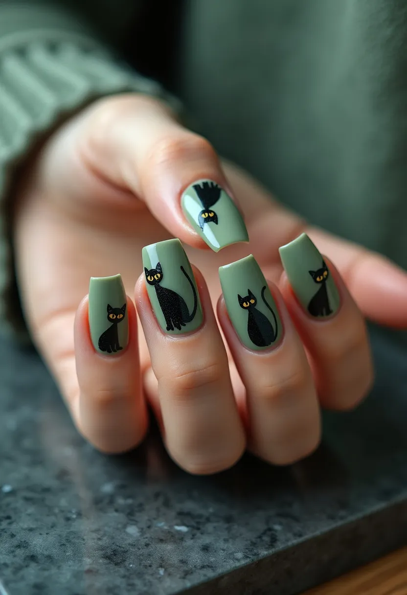 The nail design features a cohesive color palette dominated by a matte, sage green base. The nails are of medium length and exhibit a squared shape. Each nail showcases an intricate, hand-painted design of a stylized black cat with bright yellow eyes, adding a touch of playfulness and intrigue. The cats are depicted in various poses, some facing forward while others look sideways, lending individual character to each nail. The treatment appears to be gel, given the smooth, glossy finish. This design is likely themed for the Halloween season, evident from the black cat motif traditionally associated with the holiday, contributing to a stylish yet subtly festive look.