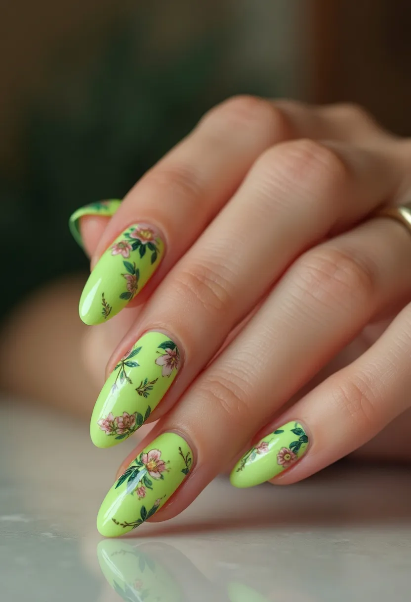 The nail design features an eye-catching and vibrant color palette dominated by a lime green base, enhancing a fresh and lively appearance. The nails are shaped into a medium-length almond shape, which provides an elegant yet practical look. Intricate floral patterns adorn each nail, showcasing detailed pink and peach flowers with green leaves, creating a sophisticated and garden-like vibe. The type of nail treatment appears to be gel, judging by the glossy and smooth finish that adds durability and a polished look. This nail art is particularly suitable for a spring or summer theme, given its bright colors and floral decorations, making it ideal for weddings, garden parties, or festive occasions.