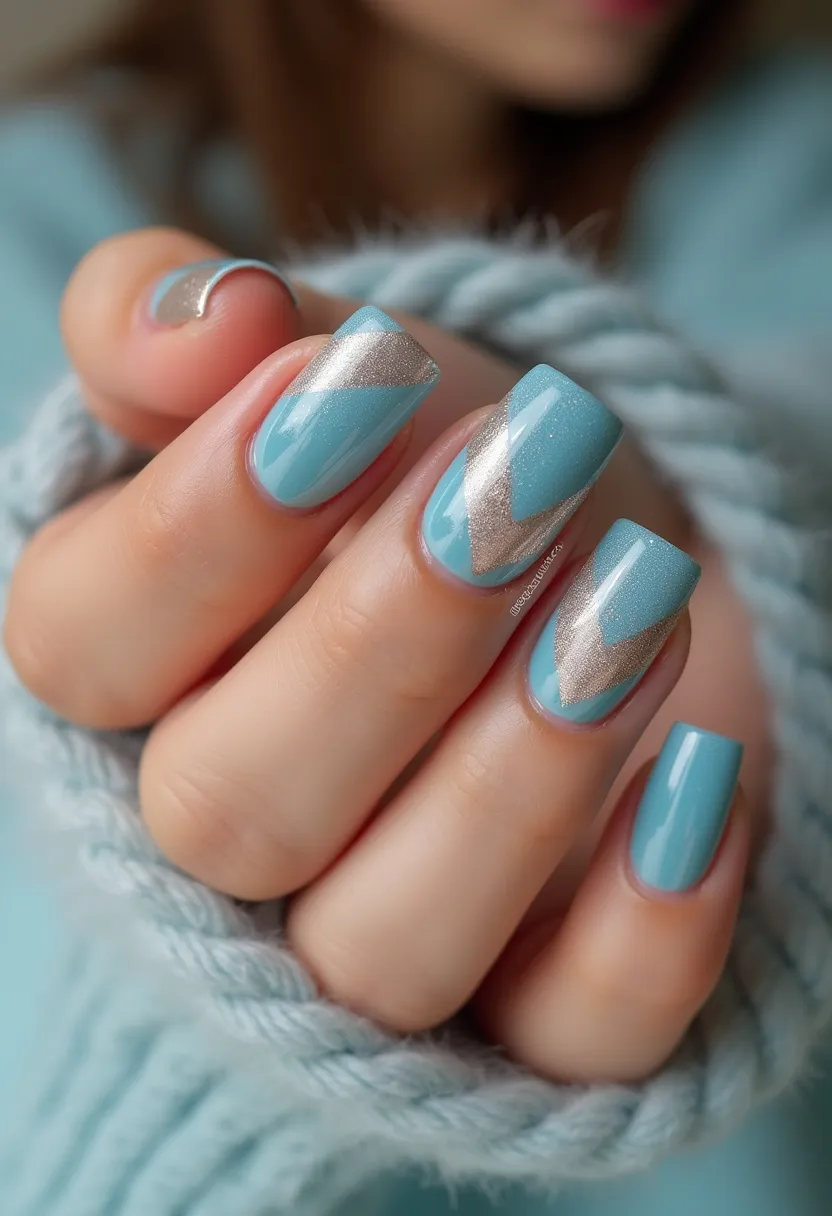 The nail design features a color palette predominantly composed of soft blue and metallic silver hues. The nails are shaped in a medium-length, square style, providing a clean and modern appearance. The primary design includes a base layer of the soft blue color, with intricate silver geometric patterns, specifically chevron shapes, seamlessly integrated onto some of the nails. The metallic silver adds a touch of sophistication and contrast to the soothing blue background. The nail treatment appears to be gel polish, given the glossy and smooth finish. This design is versatile and can be suitable for various occasions, though the icy, wintery color scheme suggests it may be particularly fitting for the winter season or festive holiday events.