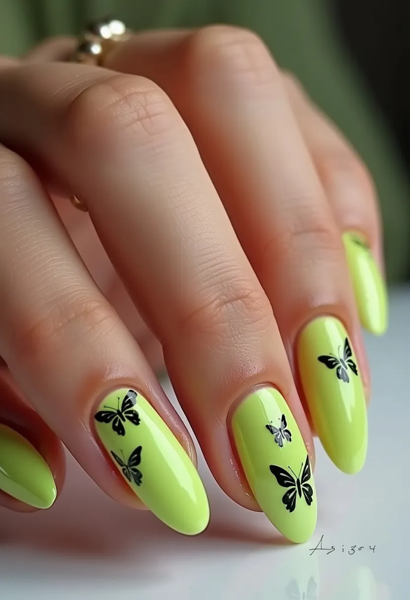 The nail design features a vibrant lime green color palette, providing a fresh and lively appearance. The nails are shaped in a medium-length almond style, giving them an elegant and refined look. Intricately designed black butterflies are prominently displayed on each nail, enhancing the overall aesthetic with a delicate and charming touch. The glossy finish suggests the use of either gel or shellac treatment, which provides a sleek and long-lasting shine. This design, with its bright color and butterfly motifs, makes it particularly suitable for spring or summer seasons, evoking a sense of renewal and vitality perfect for these warmer months.