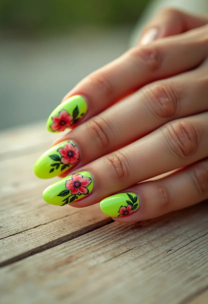 The nail design features a vibrant and eye-catching color palette predominantly consisting of a bright neon yellow-green base. The nails are shaped into a fashionable almond form, enhancing the elegance of the design. Intricate hand-painted floral patterns adorn each nail, with striking red or coral-colored blossoms detailed with black centers and complemented by lush green leaves. This level of detail suggests a gel or shellac nail treatment has been used to achieve the glossy and smooth finish. The overall look is suitable for a spring or summer theme, making it perfect for both casual outings and festive occasions. The bright colors and floral motifs contribute to a cheerful and fresh aesthetic.