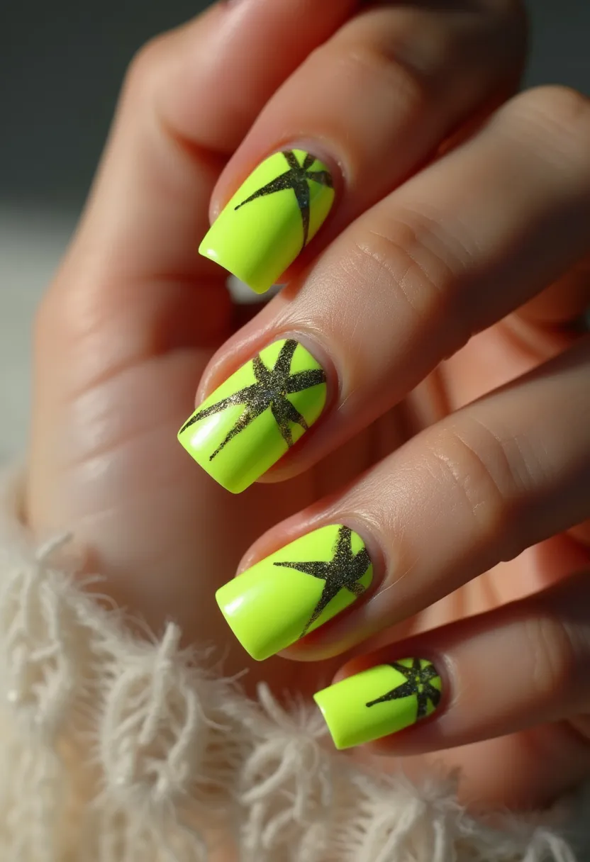 The nail design features a vibrant neon yellow color palette, giving the nails a lively and eye-catching appearance. The nails are shaped in a medium-length, slightly squared-off style, which complements the bold color. Intricate patterns adorn each nail, consisting of black star-like designs with a glittery finish, adding a touch of glamor and depth. It appears that the type of nail treatment used is likely gel or acrylic, as the finish looks smooth and glossy, ensuring durability and an even application of the bright color. This design could be well-suited for summer or festive occasions, thanks to its youthful and energetic vibe.