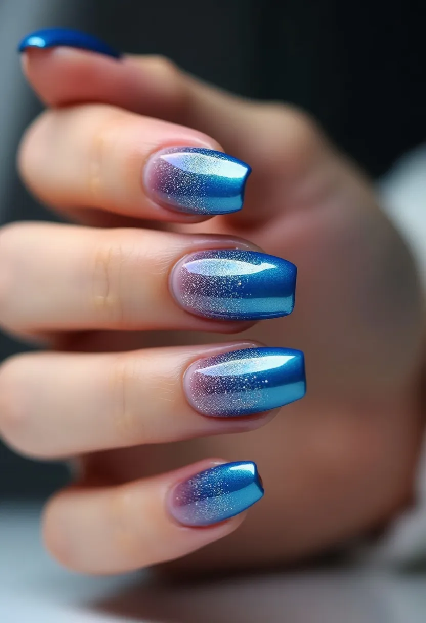 The nail design showcases a vibrant color palette predominantly featuring shades of blue and silver with an ombré effect. The nails are shaped in a soft square form, providing a modern and neat appearance. Each nail has a gradient transitioning from a light, shimmery blue at the tips to a deeper, more solid blue towards the cuticles, embellished with fine, glittery specks that add a touch of sparkle. This intricate pattern is typically accomplished using gel polish, known for its durability and glossy finish. The overall aesthetic evokes a winter or festive theme, making it suitable for special occasions or holiday seasons.