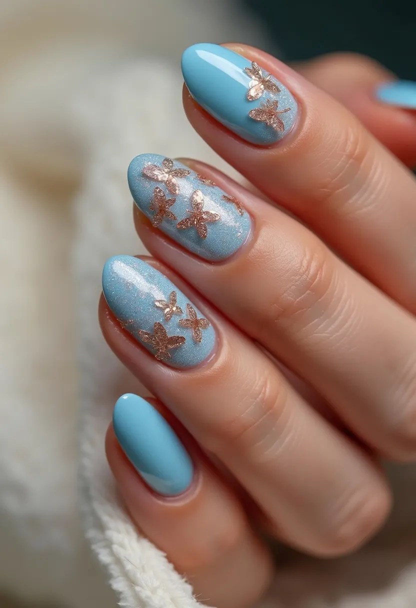 The nail design features a pastel blue color palette, blending solid and glittery finishes. The nails are shaped in a medium-length almond form, providing a chic and elegant look. Intricate gold butterfly patterns gracefully adorn the nails, adding a touch of nature-inspired detail. The glittery finish seen on some of the nails suggests a gel or shellac treatment, known for its glossy and long-lasting qualities. This design leans towards a spring or summer theme, often symbolizing renewal and beauty, making it ideal for seasonal events or special occasions such as garden parties or outdoor weddings.