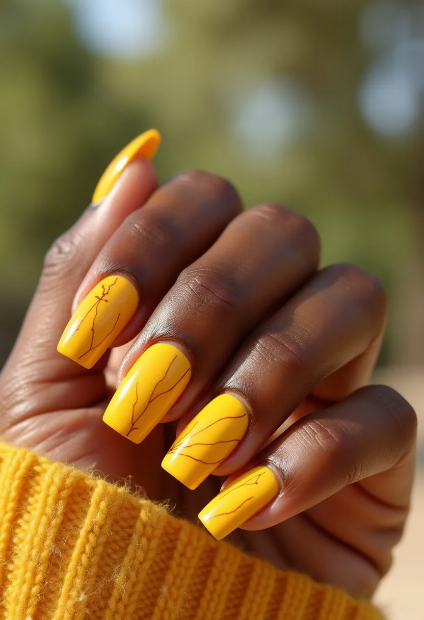 The nail design features a bright and vibrant yellow color palette, perfect for adding a pop of cheerfulness and sunshine to the look. The nails are oval-shaped, providing an elegant and classic form that complements various styles. Adding a touch of sophistication, thin and delicate branch-like patterns are intricately drawn in a contrasting darker color, enhancing the overall aesthetic. The treatment used likely appears to be gel, given the high gloss and smooth finish visible on the nails. This design carries an autumnal theme, making it ideal for a seasonal change, with the branch pattern evoking images of the shedding leaves and natural beauty of fall.