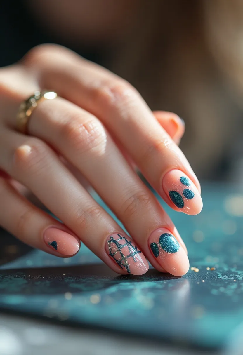 This nail design features a sophisticated yet playful palette combining a nude base with teal-colored accents. The nails are medium-length and oval-shaped, providing a classic and elegant canvas. Various teal patterns are showcased on the nails, including polka dots, heart shapes, and an intricate criss-cross pattern incorporating both teal and glitter elements for added sparkle. This design appears to use gel nail polish, as evidenced by the glossy finish and sleek, well-defined edges. The mix of geometric patterns and solid color shapes suggests a contemporary and possibly festive theme, suitable for special occasions or adding a touch of artistry to one's everyday look.