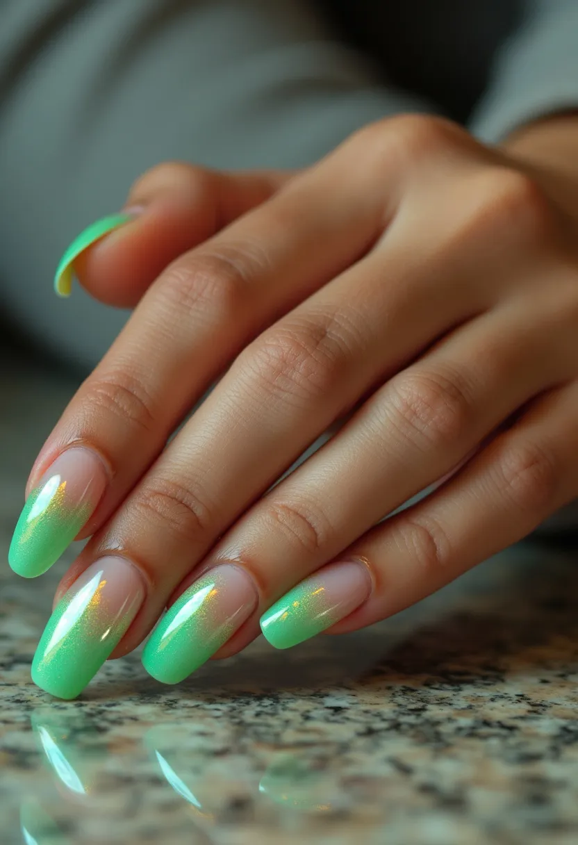 The nail design features a captivating color palette with a gradient that transitions from a natural nude base to a vivid, reflective green at the tips. The nails are shaped in a medium-length coffin style, providing a modern and sophisticated look. The intricate pattern showcases an ombre effect, with a smooth and gradual blend of colors that exudes a soft, ethereal glow, likely achieved with a gel treatment providing a glossy and durable finish. The reflective quality hints at a chromatic or holographic powder application, adding a unique shimmer that catches the light dynamically. This design is versatile and elegant, making it suitable for various occasions, though it particularly evokes a fresh, springtime theme with its vibrant yet subtle color gradation.