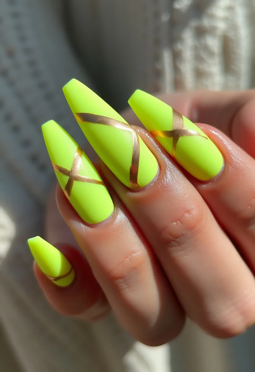 The nail design prominently features a striking neon yellow color palette with intricate gold metallic geometric patterns enhancing the vibrant base. The nails are shaped in a long, sharply tapered coffin style, adding a dramatic and elegant touch to the overall look. The neon yellow background contrasts beautifully with the gold lines, which are designed in an angular fashion, giving the nails a modern and sophisticated appearance. The smooth, glossy finish of the nails suggests that the treatment used is likely a gel or acrylic overlay, known for its durability and high-gloss shine. This nail design exudes a bold and energetic vibe, making it suitable for a summer or festival theme, where bright and eye-catching colors are particularly celebrated. The combination of neon yellow and gold conveys a sense of luxury and playfulness, perfect for making a statement on special occasions.