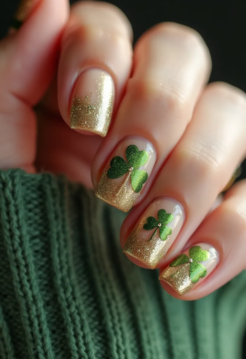 The nail design showcases a festive and elegant look, perfect for a special occasion such as St. Patrick's Day. The nails feature a square shape and appear to be treated with either gel or acrylic, providing a smooth and glossy finish. The color palette is predominantly gold and green, with the gold applied as a shimmering base on the upper half of the nails. Each nail is adorned with a green shamrock design, adding a touch of seasonal charm and intricate detail. The overall design blends a glittery, luxurious appeal with playful and thematic decorations, making it suitable for celebrating a festive event.