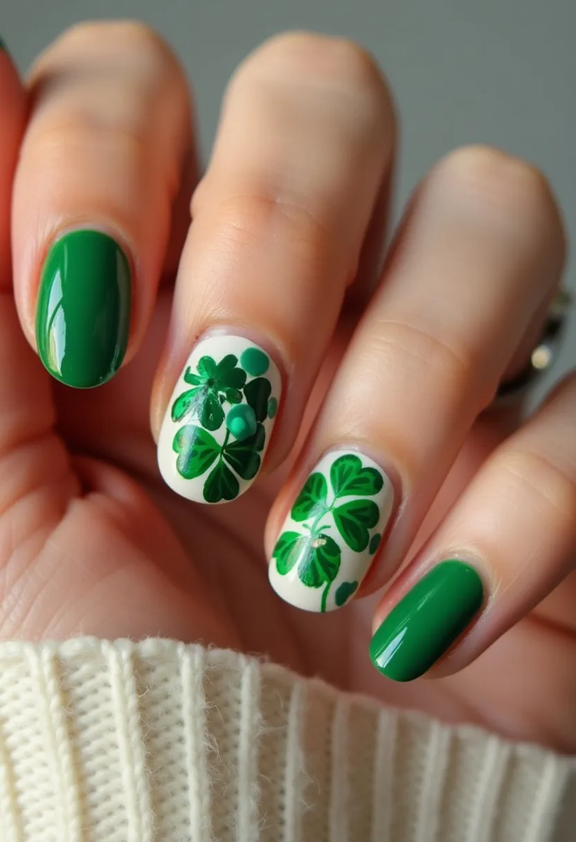 The nail design features a vibrant and festive color palette with bright green and white hues, creating a striking contrast. The nails are medium-length with a rounded almond shape that contributes to a sleek and sophisticated look. The focal point of the design is the intricate green shamrock patterns on the middle and ring fingers, painted over a white base, adding a touch of floral elegance and detail. These shamrock designs are indicative of a St. Patrick's Day theme, making the nails well-suited for seasonal celebrations. The other nails are coated in solid green, providing a balanced backdrop that complements the detailed nail art. The glossy finish suggests a gel nail treatment, ensuring durability and a high-shine finish. Overall, the design is both festive and polished, perfectly capturing the essence of the holiday.