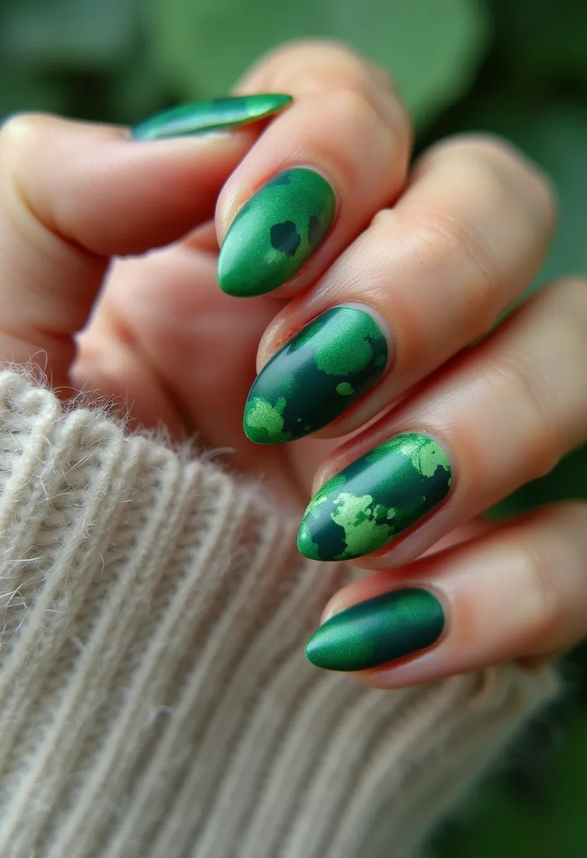 The nail design features a vibrant green color palette with darker green accents, crafted in an almond shape. The nails showcase intricate patterns resembling paint splatters or inkblots, adding a creative and artistic flair. This design appears to potentially use a gel or shellac treatment due to its smooth and glossy finish. It's a unique, nature-inspired look, possibly suited for spring or a wilderness-themed special occasion, highlighting creativity and individuality through its organic patterns and bold color choices.