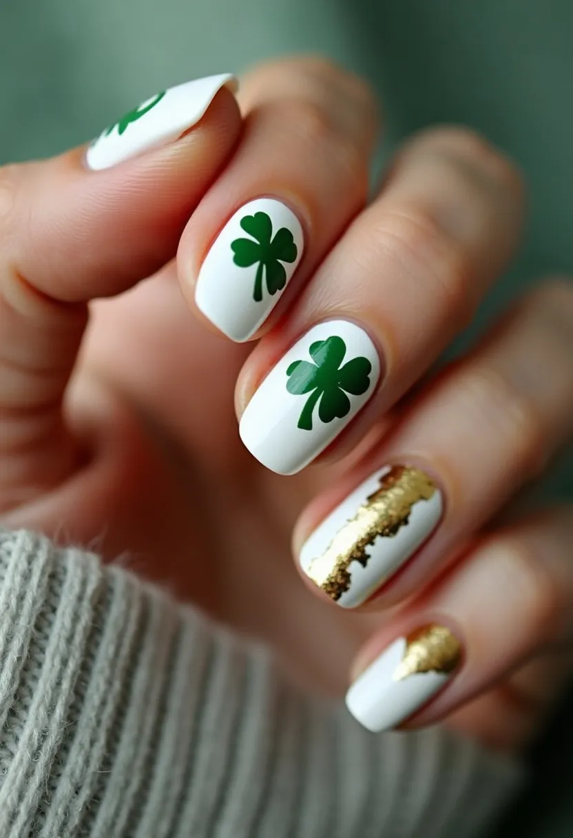 The nail design features a predominantly white color palette with green and gold accents. The nails are medium length and have a square shape. Each nail is painted with a glossy white base, and there are intricate green shamrock patterns on three of the nails, likely hinting at a St. Patrick's Day theme. One nail, distinct with its gold foil pattern over the white base, adds an element of elegance to the overall design. The manicure appears to be achieved using a gel nail treatment, given the glossy and smooth finish. The incorporation of green shamrocks and gold foil suggest a celebration theme, perfect for the St. Patrick's Day holiday.