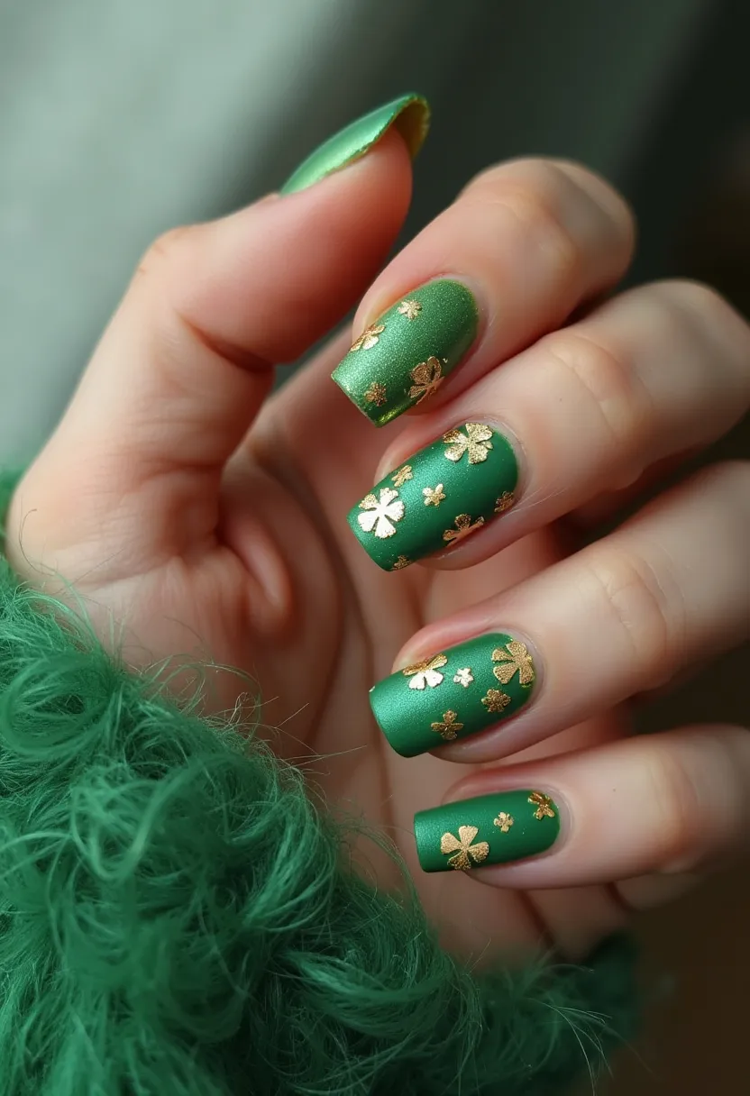 The nail design showcases a vibrant green color palette, perfectly suited for a seasonal or holiday theme, perhaps St. Patrick's Day. The nails are shaped in an elongated square style, offering a sophisticated and modern look. This design features intricate gold clover patterns delicately placed on each nail, adding a touch of elegance and festivity. The nails appear to have a matte finish, which could indicate the use of gel or shellac treatments to achieve their smooth and stylish appearance. The golden clovers, a symbol of luck, enhance the overall festive and cheerful vibe of the nail design.