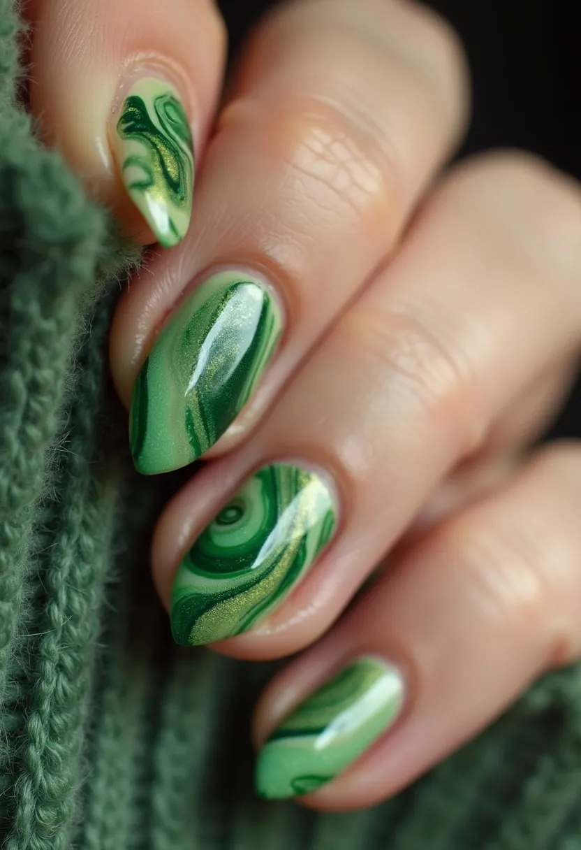 This nail design features a stunning green color palette, including shades of forest green, lime green, and hints of shimmer. The nails take on an almond shape, providing a sleek and elongated appearance. Each nail displays an intricate marbled pattern with contrasting swirls and curved lines, creating a dynamic and eye-catching effect reminiscent of natural stone or geodes. The nail treatment appears to be a gel polish, offering a glossy shine that enhances the intricacies of the design. The overall look suggests a unique and stylish aesthetic suitable for a range of occasions, possibly inspired by elements of nature or an artistic abstract theme.