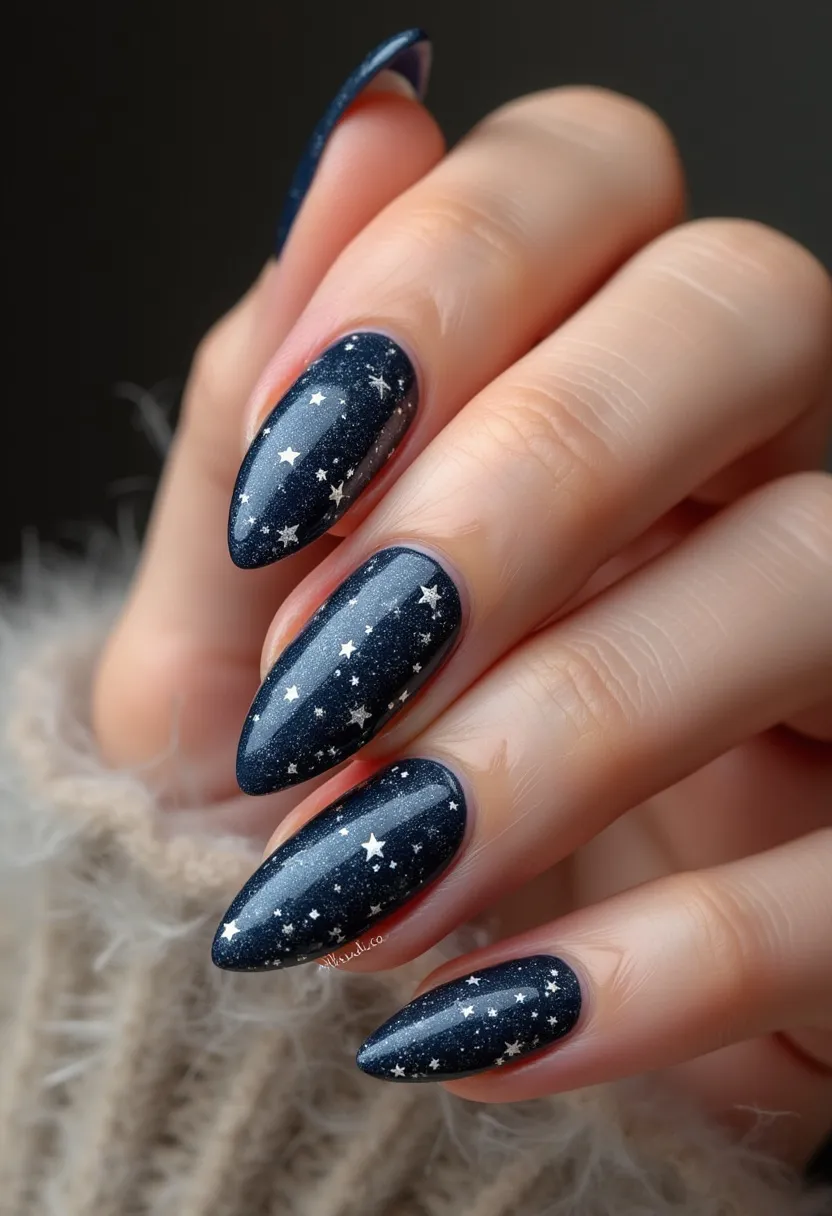 The nail design showcases an elegant winter night sky theme, featuring a deep navy blue base color that serves as the canvas for a collection of delicate white stars scattered across each nail, creating a starry sky effect. The nails are shaped into a sophisticated almond form, contributing to a sleek and elongated appearance. The high-gloss finish suggests a gel or shellac treatment, ensuring durability and an impressive shine. The intricate star patterns are meticulously placed, adding a playful yet chic touch to the overall design, making it suitable for festive or special seasonal occasions, especially those in the winter months.