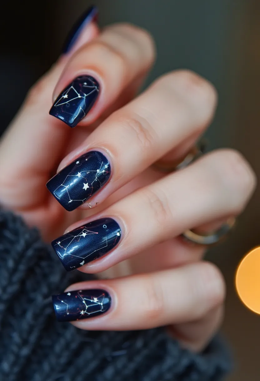 The nail design showcases a stunning celestial theme with a navy blue base color, accented by intricate white and silver constellations and star patterns. The nail shape is a medium-length square, providing a broad canvas for the detailed artwork. The treatment appears to be gel, giving the nails a glossy and smooth finish. This design likely caters to a winter or nighttime theme, possibly suitable for a festive or astrological event. The meticulous constellation detailing adds a touch of mystique and elegance, making it a unique and eye-catching choice.