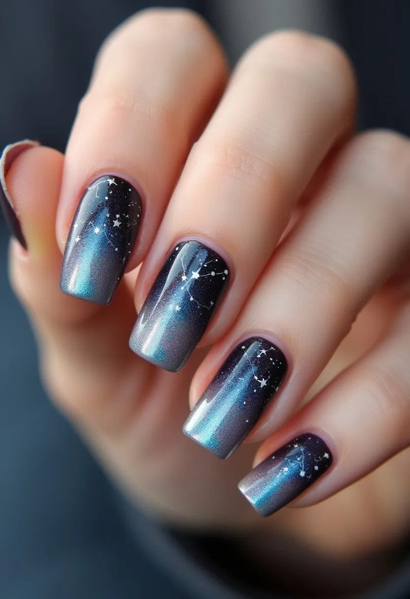 The nail design features medium-length nails with a square shape polished using a gel treatment. The color palette consists of a gradient effect transitioning from a dark purple to a shimmering teal blue towards the tips. Intricate white constellation patterns adorn each nail, giving a celestial theme that could be suitable for nighttime events or a winter season. The subtle gradient background combined with the delicate constellation details creates a sophisticated galaxy-inspired look.