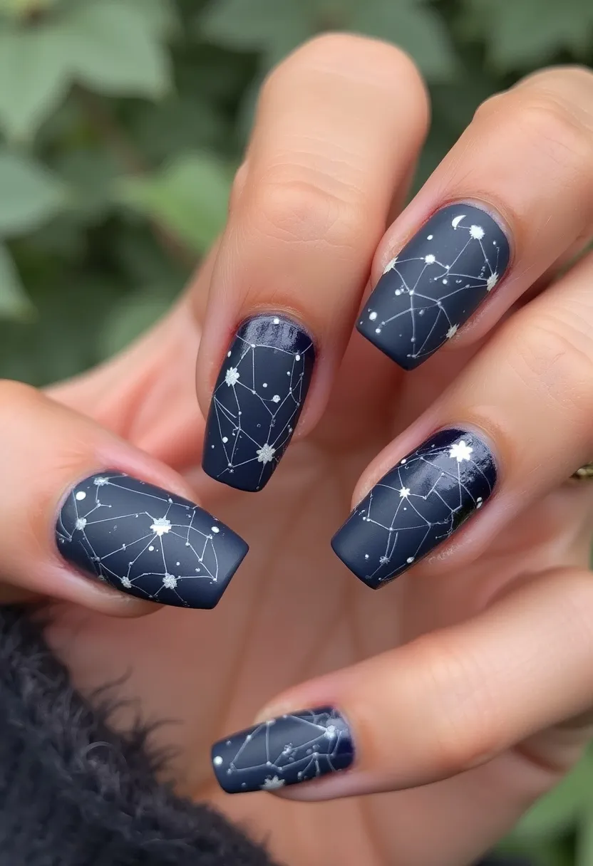 The nail design features a beautiful celestial theme with a navy blue base color that mimics the night sky. The shape of the nails is short and almond-shaped, giving the design a modern and chic appearance. Delicate white patterns resembling constellations are intricately painted over the blue base, creating an elegant and starry night effect. Small, luminous stars and dots are scattered across each nail, adding to the celestial aesthetic. The nails exhibit a matte finish, suggesting a gel nail treatment that gives a smooth and long-lasting appearance. This design is perfect for a night-time event or a winter-themed occasion, evoking a sense of tranquility and wonder.