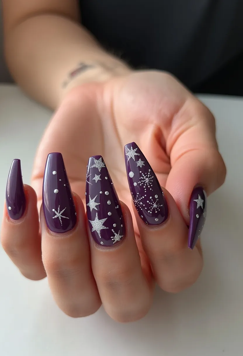 This nail design features a rich, deep purple color palette that serves as the base for an eye-catching celestial theme. The nails are shaped into a long, almond design, offering a sleek and elegant appearance. Intricate silver star patterns and dots are skillfully adorned on each nail, creating a striking contrast against the dark purple background. This design likely employs gel nail treatment for a glossy and durable finish. The celestial motifs suggest inspiration from a night sky, making this look particularly fitting for winter or festive seasons, or even special occasions like New Year's Eve. The combination of bold color and detailed star patterns gives the nails a sophisticated and enchanting vibe.