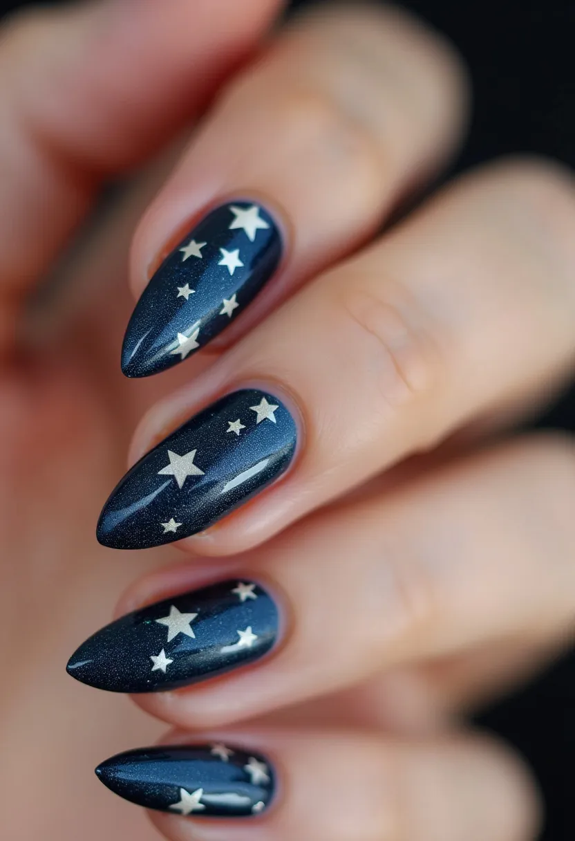 The nail design features a dark, shimmery navy blue base color that exudes a night sky theme, complemented by silver star-shaped decals scattered across the nails. The nails are shaped in an elegant stiletto style, showcasing a sleek and pointed tip which enhances the celestial motif. The glossy finish suggests a gel or shellac treatment, providing a durable and long-lasting shine. This design could be particularly suited for a festive or holiday season, perhaps New Year's Eve, where the starry elements resonate with themes of celebration and sparkle. The intricate placement of stars adds a whimsical and dreamy touch to the overall appearance.