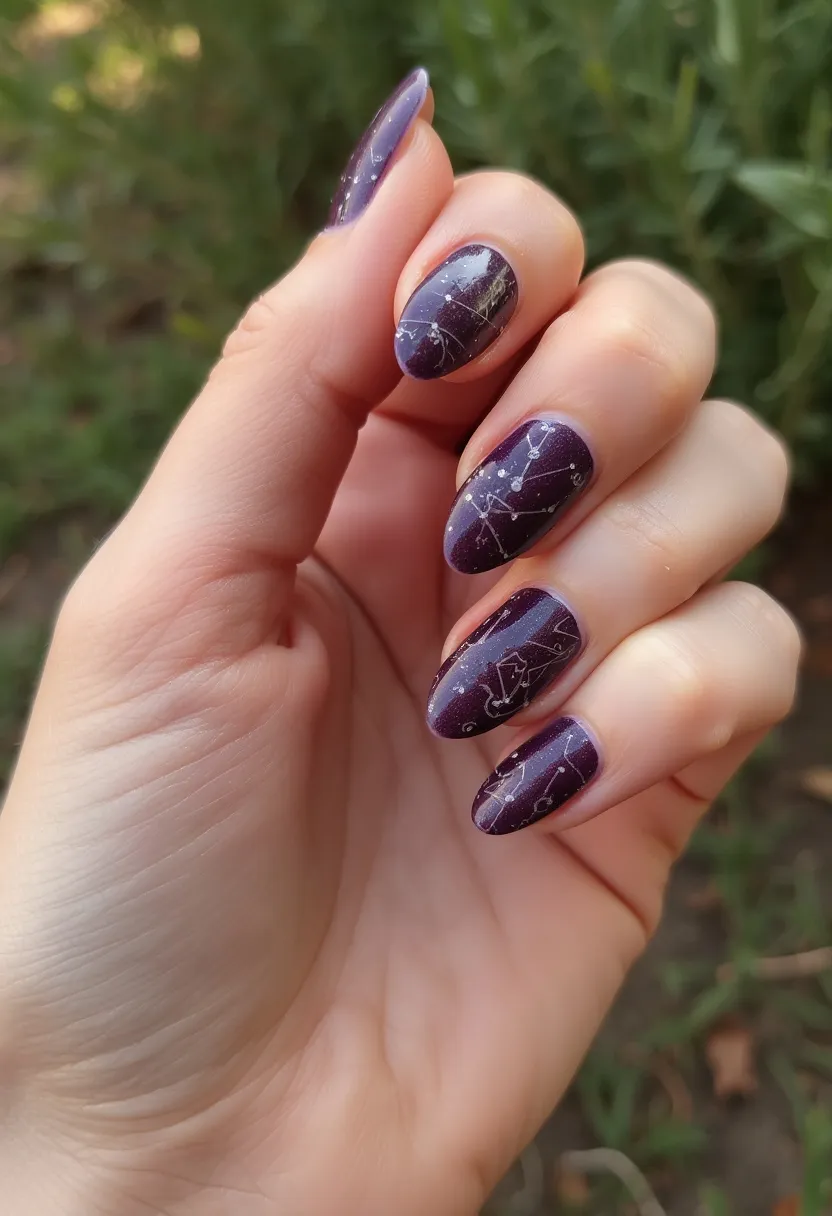 The nail design features a deep, rich purple color palette, adorned with intricate star and constellation patterns in white. The nails are shaped in a medium length, almond style which enhances their elegant appearance. The constellation designs include delicate lines connecting small white dots, reminiscent of a night sky, creating a celestial theme perfect for stargazing enthusiasts or those looking for an astrology-inspired look. This nail art appears to be achieved using a gel treatment, given the high gloss and durability shown. The unique celestial details make it suitable for winter or nighttime events, or as an everyday style for those who love an astronomical touch.