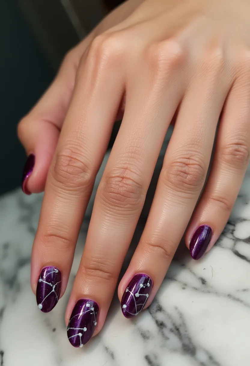 The nails are almond-shaped and have been treated with a gel polish method, showcasing a deep, shimmering purple base color. Intricate white constellations are painted on each nail, with small silver dots accentuating the constellation points. This design is detailed and reminiscent of a night sky, suggesting a celestial theme, which could be ideal for special occasions or a unique seasonal look, such as for fall or winter. The overall effect is both elegant and otherworldly, drawing attention with its sophisticated and artistic flair.