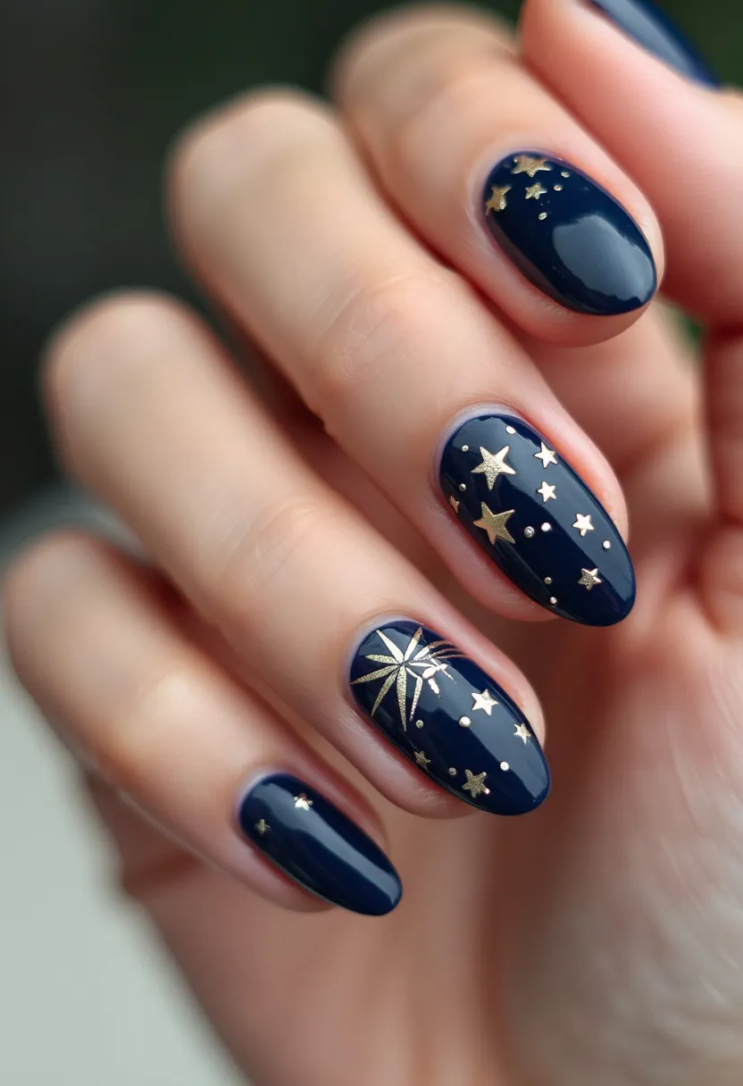 This nail design features a dark navy blue color palette, creating a rich, elegant base perfect for showcasing the intricate gold star and dot patterns scattered across the nails. The nails are almond-shaped, enhancing the feminine and sophisticated look. The gold stars and dots are carefully arranged, with one nail prominently featuring a large starburst design, adding a touch of glamour and visual interest. The finish appears to be a glossy gel polish, providing a smooth, shiny surface that enhances the vibrancy of the colors and the fine details of the decorations. This celestial-themed nail art is ideal for special occasions or seasonal celebrations, particularly those associated with the night sky or festive events.