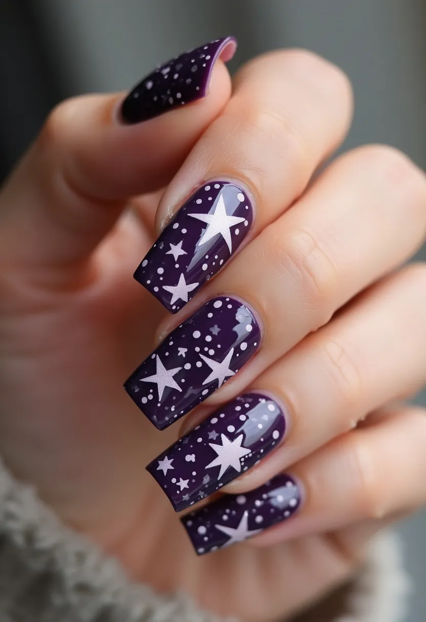 The nail design features long, square-shaped nails adorned with a dark purple base color. Over this base, intricate white star patterns of varying sizes, along with small dots, are meticulously painted to create a stunning cosmic or celestial theme reminiscent of a night sky. The nails exhibit a glossy finish, indicative of a gel manicure treatment, which enhances the vibrancy and durability of the design. This elaborate and eye-catching style could be suitable for festive occasions or themed events, celebrating the mystique and beauty associated with the stars.