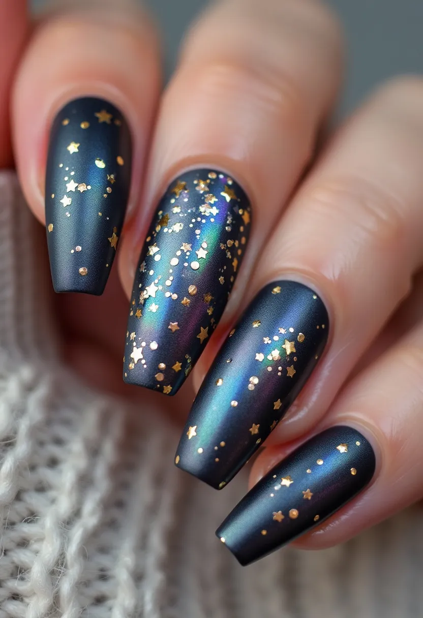 The nail design features a matte base coat with a dark, iridescent color palette that shifts between shades of deep blue and black. The nails are long and almond-shaped, offering an elegant and stylish silhouette. Over the matte base, there is a scattering of small golden stars and dots, creating a celestial and festive pattern. The pattern adds a touch of sparkle and intricacy, making the design suitable for special occasions like New Year's Eve or festive celebrations. The type of nail treatment used appears to be gel polish, known for its smooth finish and long-lasting quality. The overall look is sophisticated and eye-catching, perfect for those who want to make a statement with their nail art.