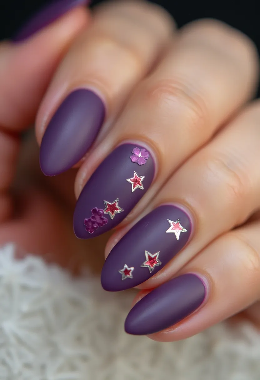 The nail design features a rich, matte aubergine color palette that exudes sophistication and a touch of mystery. The nails are shaped in an elegant almond form, enhancing the overall sleek and chic look. Decorated with intricate metallic silver star decals, some filled with a shiny red detail, and complemented with small, three-dimensional purple floral elements, the design showcases a captivating blend of glitter and texture. This particular nail treatment appears to be gel-based, providing a smooth and durable finish. The star and flower embellishments suggest a playful yet refined theme, making this design suitable for a festive season or a celebratory occasion, where a bit of glam and elegance is desired.