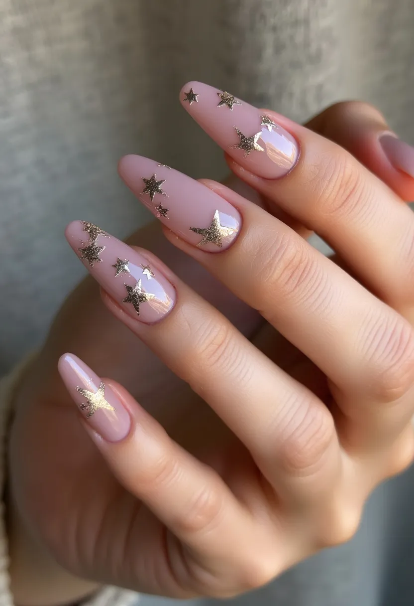 The nail design presents a sophisticated look with a color palette dominated by soft pink and adorned with golden glitter stars. The nails are of a long, almond shape, emphasizing elegance and elongation of the fingers. Each nail features intricate patterns consisting of various sizes of star-shaped decorations, systematically placed to create a visually appealing constellation effect. The nail treatment appears to be gel or acrylic, as indicated by the smooth, glossy finish. This design exudes a glamorous and festive aura, making it suitable for special occasions or seasonal celebrations, such as New Year's Eve or holiday parties. The golden stars add a touch of sparkle, giving a nod to a celestial or winter theme.