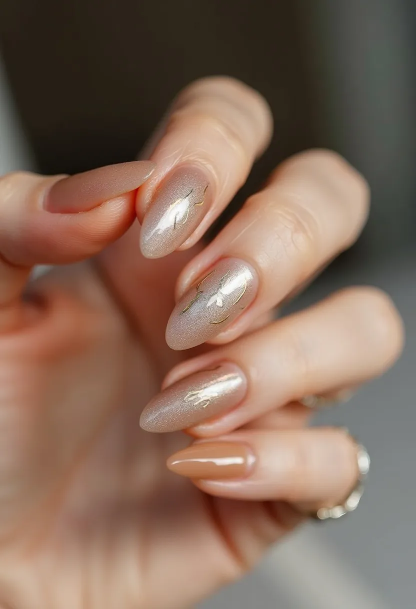 The nail design features a sophisticated beige and gold color palette, ideal for a chic yet understated look. The nails are long and almond-shaped, which enhances the elegance of the design. Intricate gold foil accents are delicately applied to some nails, adding a touch of luxury and artistry to the overall appearance. The glossy finish suggests that the nails are likely to be gel-treated, providing durability and a lustrous sheen. The design is versatile and could be suitable for a variety of occasions, from everyday wear to more formal events, showcasing a trend-forward style with timeless appeal.