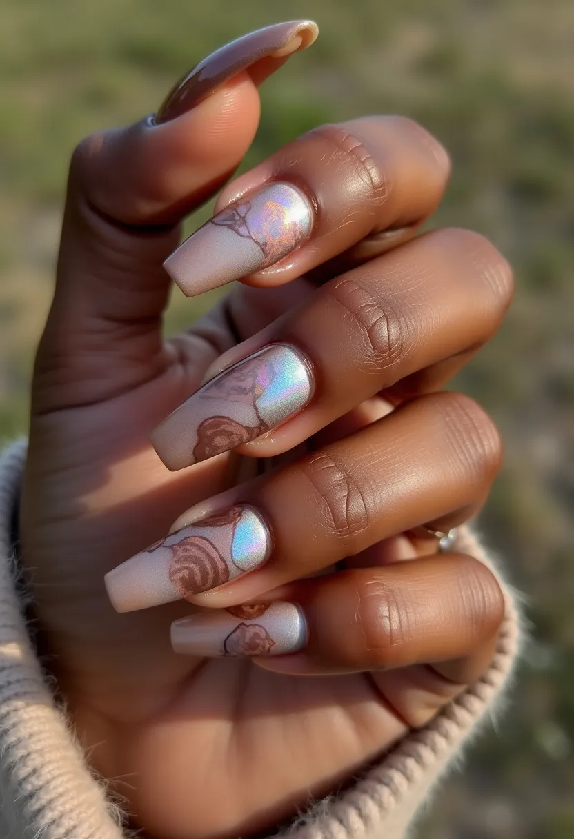 The nail design features a sophisticated palette dominated by beige and rose gold tones with a hint of iridescent shimmer. The nails are shaped in a long, tapered coffin style, offering a modern and elegant look. Intricate patterns adorn the nails, including delicate floral designs in a soft, rose gold hue, adding a touch of femininity and grace. The nails appear to be treated with a form of gel polish, lending a smooth and glossy finish that enhances the luminous effect of the iridescent sections. This design carries an air of sophistication and can be suited for both seasonal transitions and special occasions, such as weddings or formal events. The combination of metallic sheen and floral artistry provides a balance of contemporary style and classical elegance.