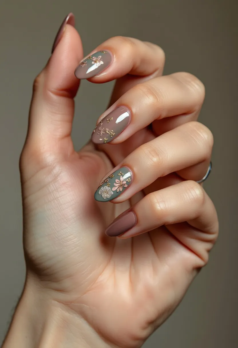 The nails feature a delicate and stylish design with an almond shape, which is both elegant and practical. The color palette consists of muted earth tones, including shades of taupe and olive green. The intricate patterns on the nails include floral designs with detailed, gold-embellished flowers that add a touch of sophistication and femininity. This nail design is likely achieved using gel polish, known for its long-lasting and glossy finish. The detailed floral patterns suggest that this manicure could be well-suited for a spring or summer seasonal theme, celebrating nature and warmth with its earthy, natural hues and blossoming motifs.