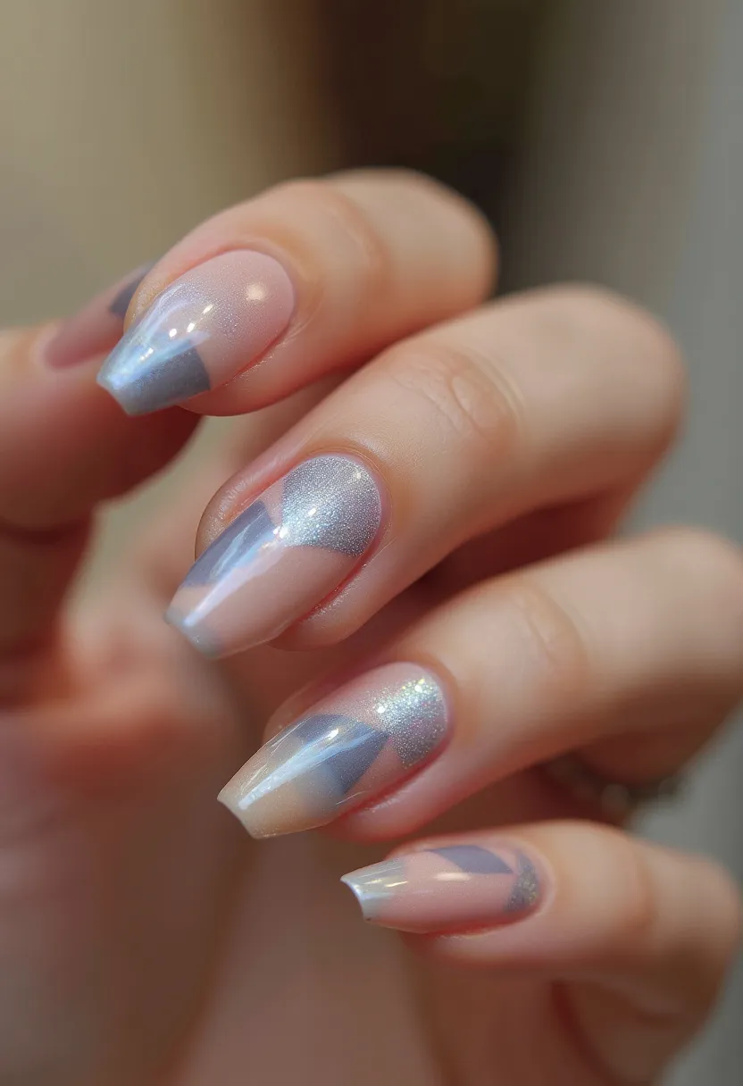 The nail design features a delicate and sophisticated color palette, predominantly showcasing soft pastel blues and shimmering silver hues. The nails are medium length with an almond shape, accentuating the elegance of the design. Each nail displays a unique combination of geometric patterns, with diagonal sections of blue and silver, some featuring a gradient effect, that are skillfully interlaced to create a modern and chic look. The chosen nail treatment appears to be a gel polish, evident by the high gloss finish and smooth texture. This design is versatile, perfect for a winter season theme due to the cool color scheme and subtle sparkles, making it suitable for festive or formal occasions.