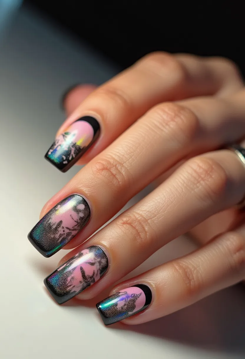 The nail design features a predominantly black and pink color palette, creating a striking contrast that is visually appealing. The nails are medium-long and square-shaped, which allows for intricate design work on a larger canvas. The design includes a black cuticle line and a gradient that transitions from pink at the base to a metallic black towards the tips. Intricate black patterns reminiscent of floral or abstract motifs are delicately embedded within the gradient. The use of iridescent or holographic elements within the black gradient adds depth and a touch of shimmer, giving a sophisticated and modern look. While the exact type of nail treatment is not specified, the smooth and glossy finish suggests a gel or shellac treatment, which provides durability and a high-shine appearance. The design, with its elegant color scheme and elaborate patterns, seems well-suited for a formal or special occasion.