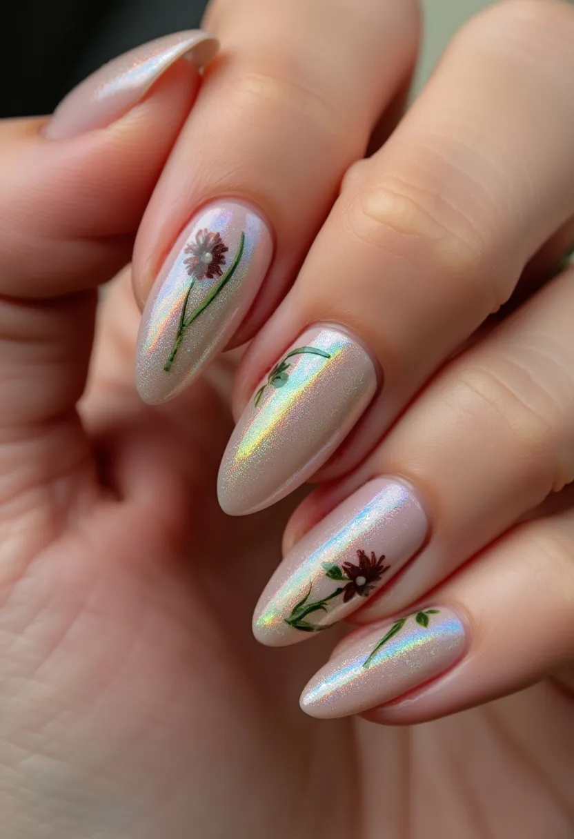 The nail design features a delicate and elegant appearance with an almond shape. The color palette includes a subtle, pearlescent base that shifts with iridescent shades. Each nail is adorned with intricate floral patterns, showcasing detailed red flowers with green stems and leaves. This design appears to be created using gel polish, which gives it a sleek and glossy finish. The florals give the nails a fresh and natural look, suggesting a spring or summer theme, suitable for a special occasion or to add a touch of beauty to everyday wear. The artistry in the floral details adds a unique and personalized touch to the overall look.