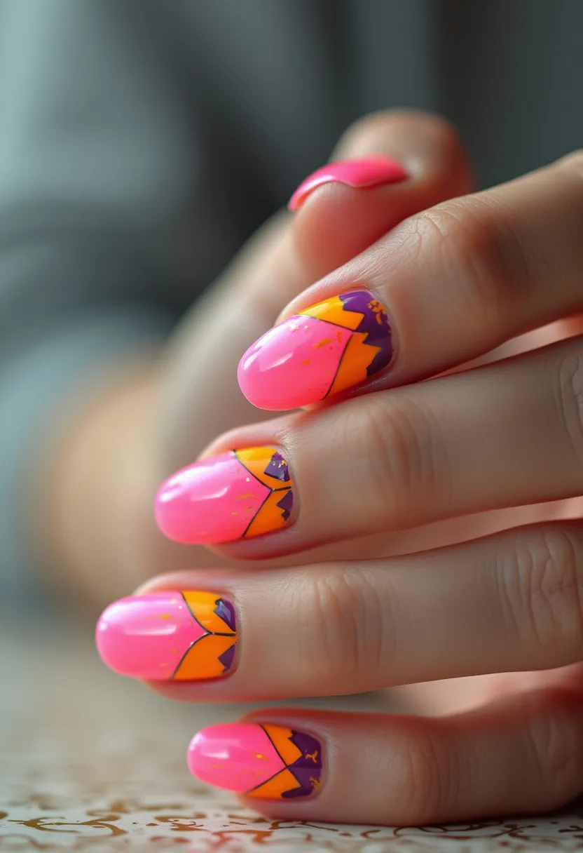 This nail design features a bold and vibrant color palette primarily consisting of bright pink, orange, and purple. The nails are shaped into a rounded almond form, presenting a sophisticated and elegant look. Each nail is meticulously decorated with an intricate geometric pattern, combining the three colors in a harmonious and eye-catching manner. The pattern appears to be painted using gels, enhancing the natural shine and durability of the nails. The design also includes delicate gold flecks, adding a touch of glamour and luxury. The combination of bright hues and gold accents suggests a fun, summery theme, making this nail art perfect for lively, celebratory occasions.