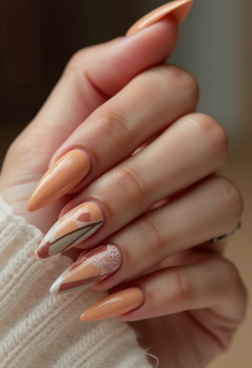 The nails are stiletto-shaped, elongated to fine points, and feature a beautifully curated autumn-inspired palette of soft peach, muted olive green, and creamy white. The nails display a highly glossy finish indicating the use of gel polish. The intricate patterns on some nails include abstract geometric designs combining sections of peach, olive green, and white, along with delicate speckled accents and fine line work in silver and olive tones. These patterns evoke a sense of creativity and a modern, sophisticated look, suitable for the fall season. The blend of solid colors and intricate designs creates a balanced and elegant aesthetic.