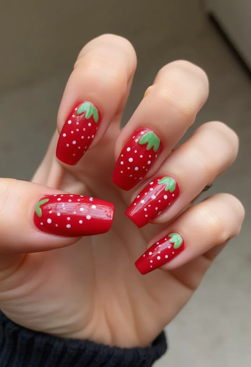 The depicted nail design features a playful and vibrant strawberry theme. The nails are uniformly medium-length with a square shape, offering ample space for the intricate designs. The primary color of the palette is a bright, glossy red, which serves as the base color akin to the body of a strawberry. At the cuticle end of each nail, a small green strawberry leaf pattern is painted, completing the look with a summery, fresh feel. Scattered white dots are applied across the red base to mimic the appearance of strawberry seeds. The high shine and smooth finish suggest a gel nail treatment, offering both durability and a glossy, eye-catching look. This design is fitting for summer or spring seasons, perhaps chosen for its vibrant, cheerful aesthetic suited to warmer weather and festive celebrations.