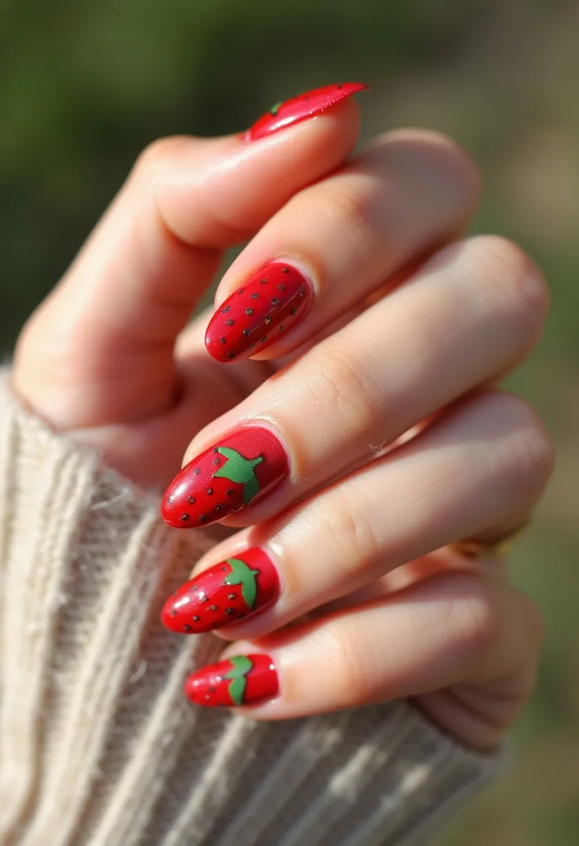 The nail design features a vibrant strawberry theme with a bright red color palette, accented by small black dots to emulate the seeds of a strawberry. Each nail is almond-shaped, providing a balanced canvas for the intricate details. Green leaves are artistically placed on some nails near the cuticle area, adding a touch of realism to the strawberry design. This striking look is likely achieved using gel polish, given its glossy and smooth texture. The design is charmingly seasonal, perfect for summer, and is suitable for special occasions that call for a fun and playful aesthetic.