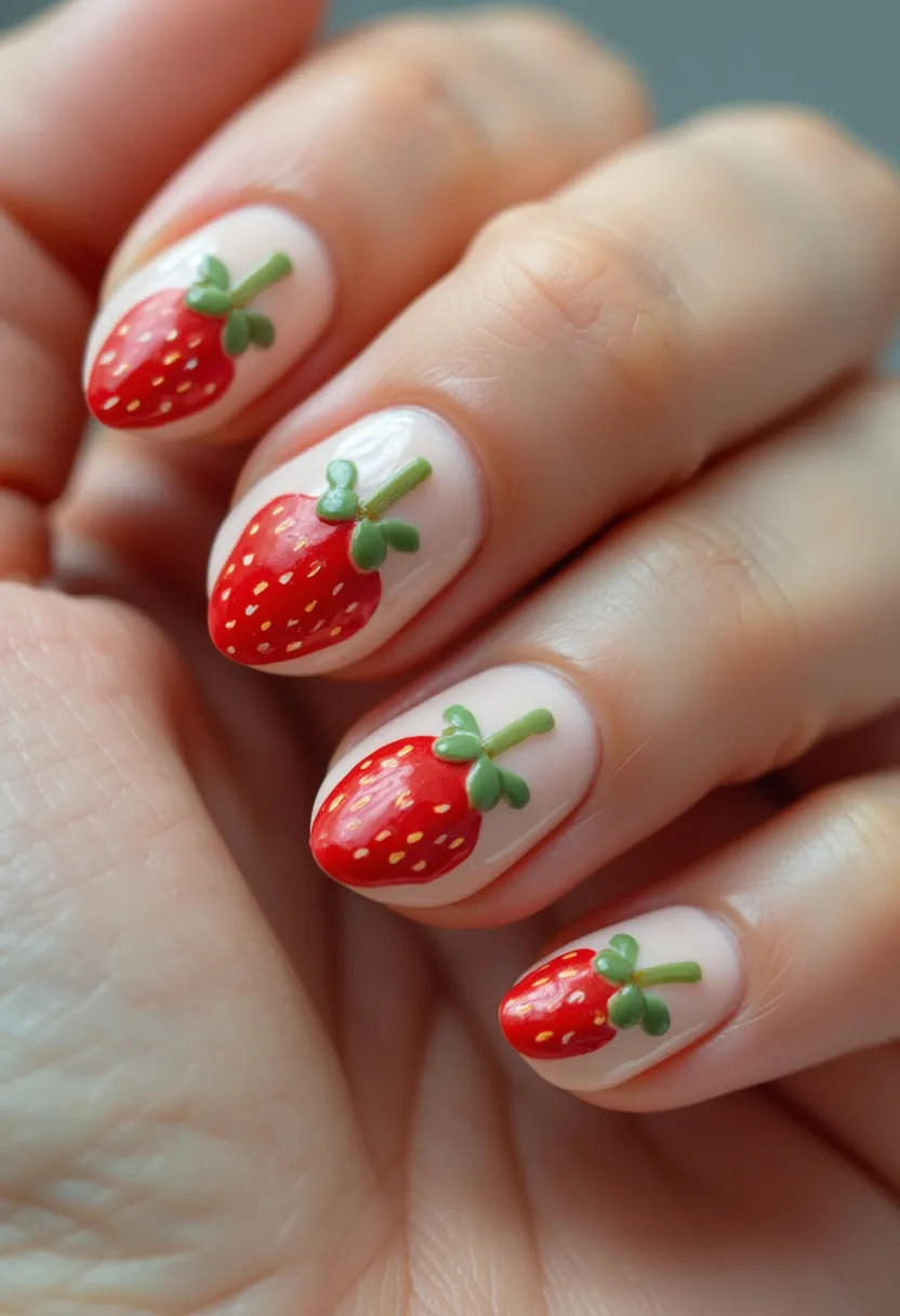 This nail design features a charming and playful strawberry theme, ideal for a fun and summery look. The nails are almond-shaped, offering a balanced and feminine appeal. The base color is a soft nude or light pink, providing a subtle backdrop for the intricate strawberry decorations. Each nail is adorned with a detailed strawberry, crafted with a vibrant red hue for the fruit and green for the leaves and stem, giving it a realistic and three-dimensional appearance. The strawberries are interspersed with small yellow dots, mimicking seeds and adding to the overall authenticity. The design appears to be created using gel polish, which ensures a glossy finish and long-lasting wear. This whimsical style is well-suited for a summer outing or a cheerful occasion, highlighting creativity and attention to detail.