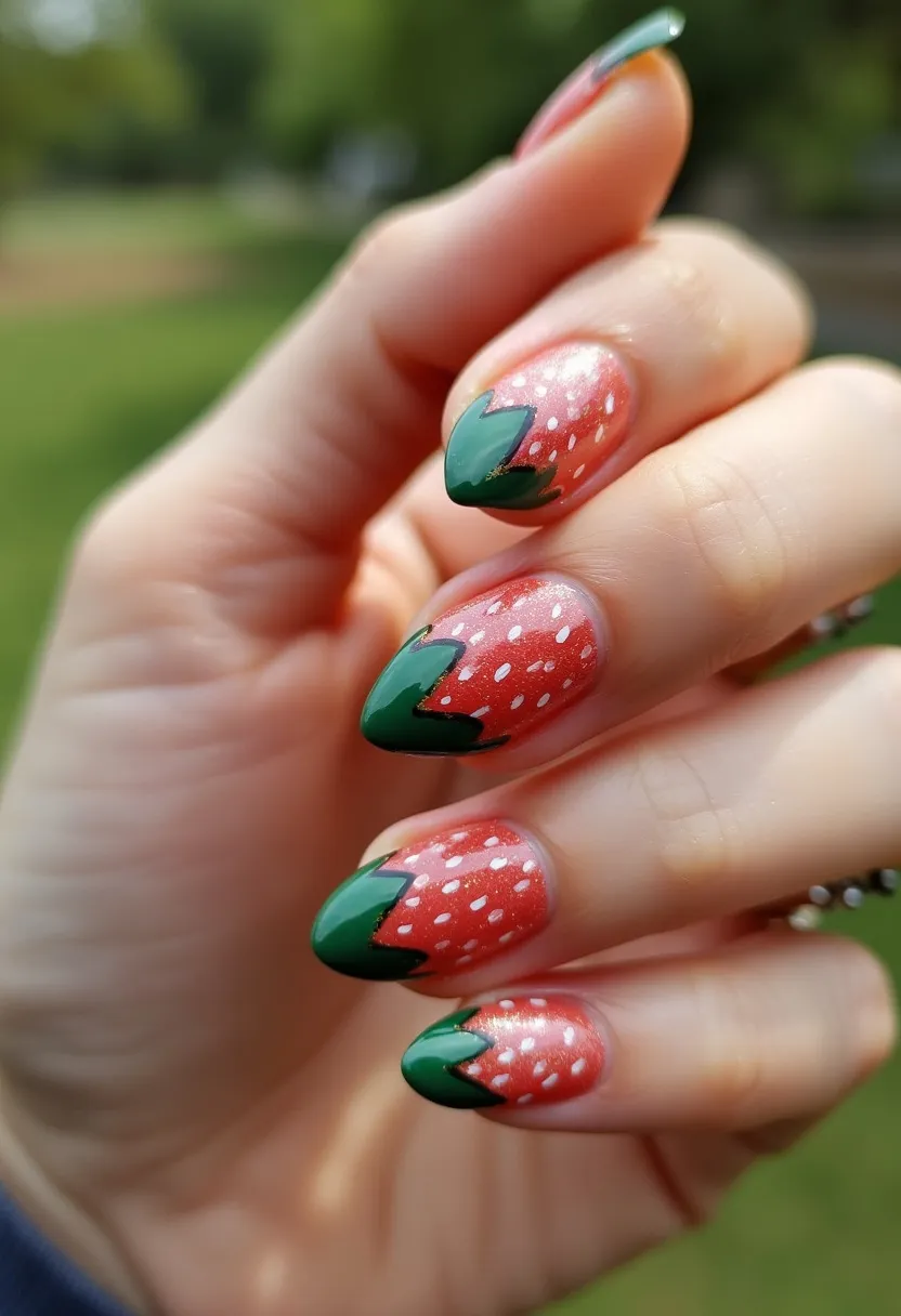 The nail design features a strawberry-inspired theme with a color palette dominated by red, green, and white hues. The almond-shaped nails are decorated to resemble strawberries, with the tips painted green to mimic the leafy top of the fruit. The main nail bed is coated in a sparkling red reminiscent of a ripe strawberry, accented with small white dots simulating strawberry seeds. The green tips have a jagged edge that adds to the resemblance of strawberry leaves. The paint job appears to be done in a gel polish, providing a glossy and durable finish, making it suitable for a fun and playful summer look or a themed event. This intricate design merges whimsical art with seasonal charm, making it both eye-catching and festive.