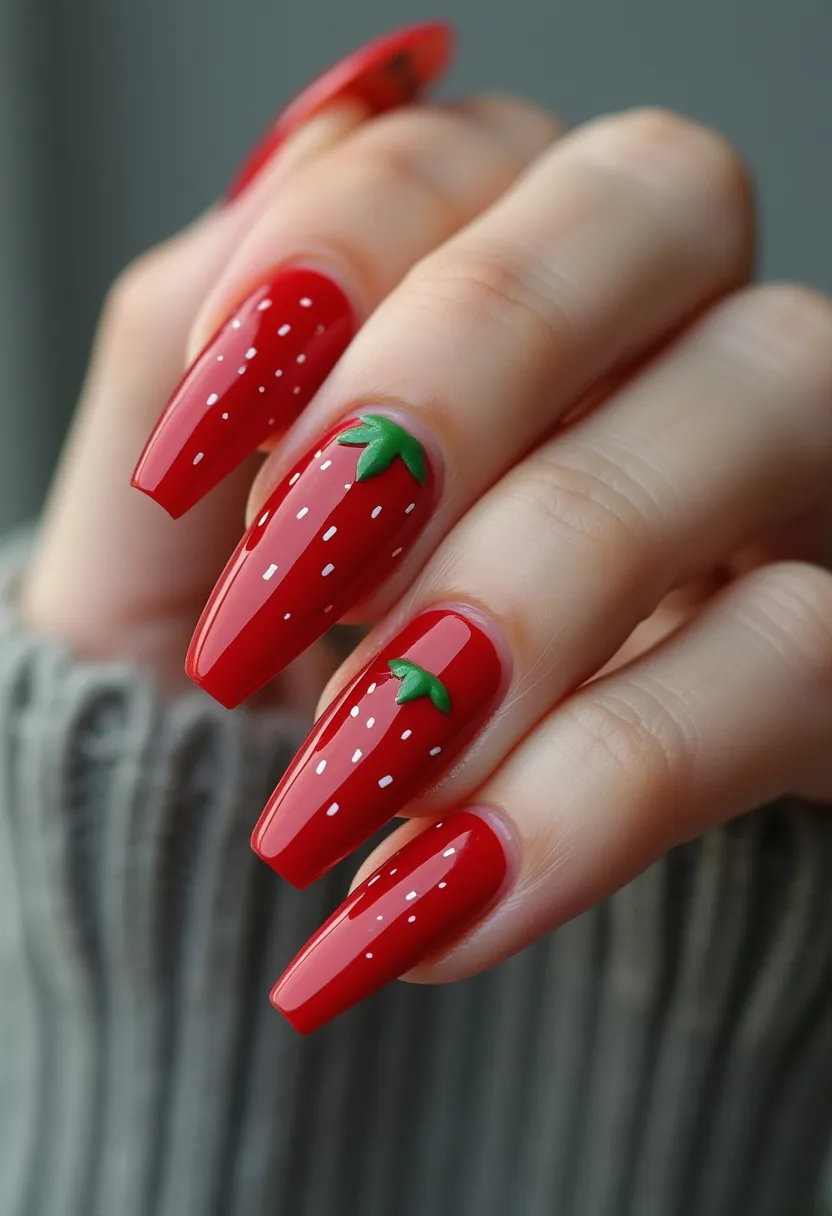 The nail design features a strawberry theme, with a vibrant red base color reminiscent of the fruit. The nails are shaped in a long, tapered square (commonly known as coffin shape), enhancing the elegant and elongated look. Each nail is adorned with tiny white dots mimicking the seeds of a strawberry, while some nails feature a small green leaf design near the cuticle, adding a three-dimensional effect. This design could suggest a gel or acrylic treatment due to the glossy finish and the detailed decorations holding a distinct, raised form. The overall theme is playful and summery, making it a perfect choice for special occasions or seasonal celebrations that call for a fun, whimsical touch.