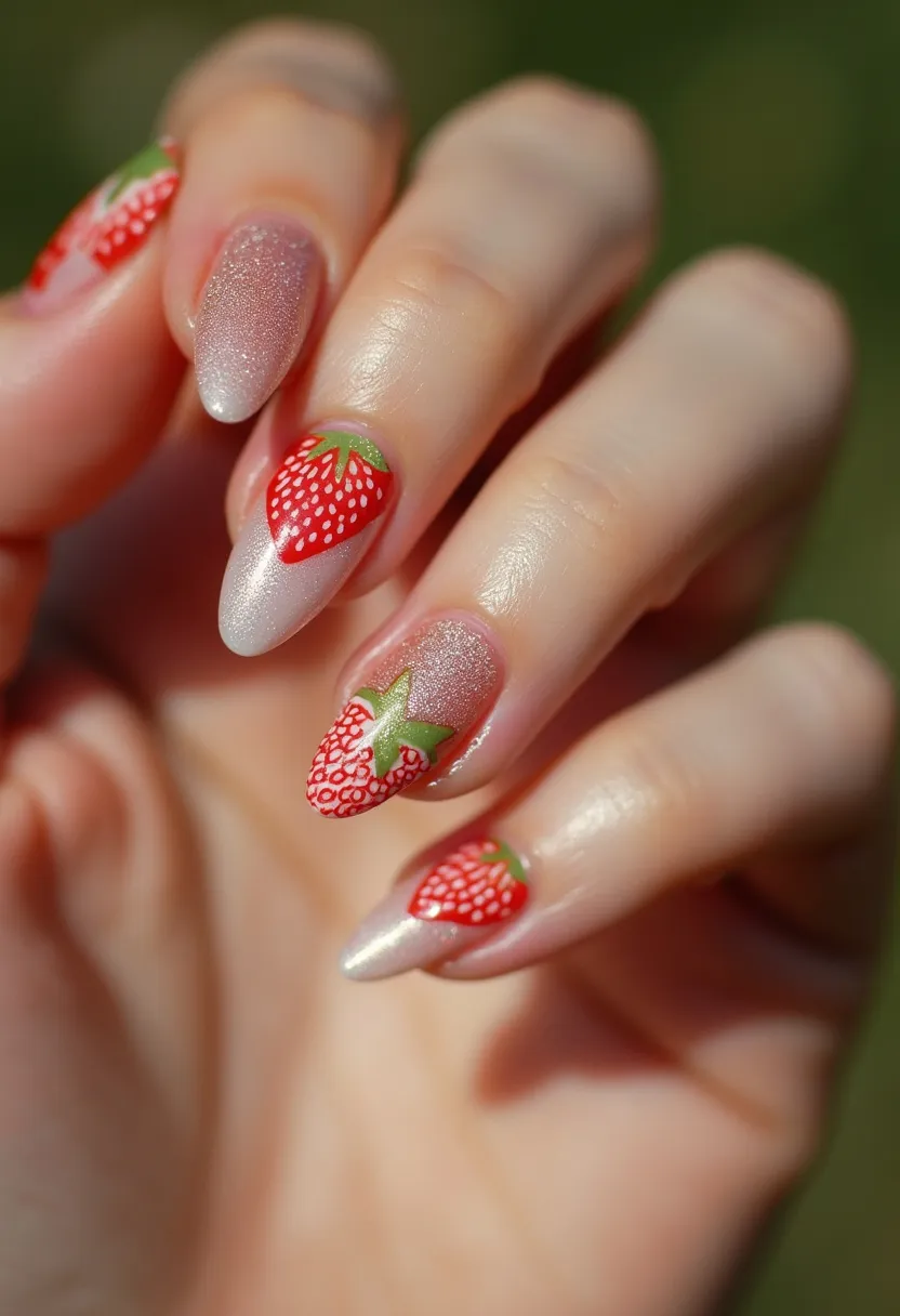 This nail design features a delightful and whimsical strawberry theme. The nail color palette primarily consists of a shimmery pale pink base, complemented by vibrant red strawberries with green leaves and white details to represent the seeds. The nails are almond-shaped, and the intricate strawberry patterns on each nail highlight the attention to detail and artistry involved. The treatment appears to be done using gel polish, giving a glossy and durable finish. This design exudes a fun, summer vibe, making it perfect for warm-weather seasons or themed events that celebrate the freshness and playfulness of summer fruits.