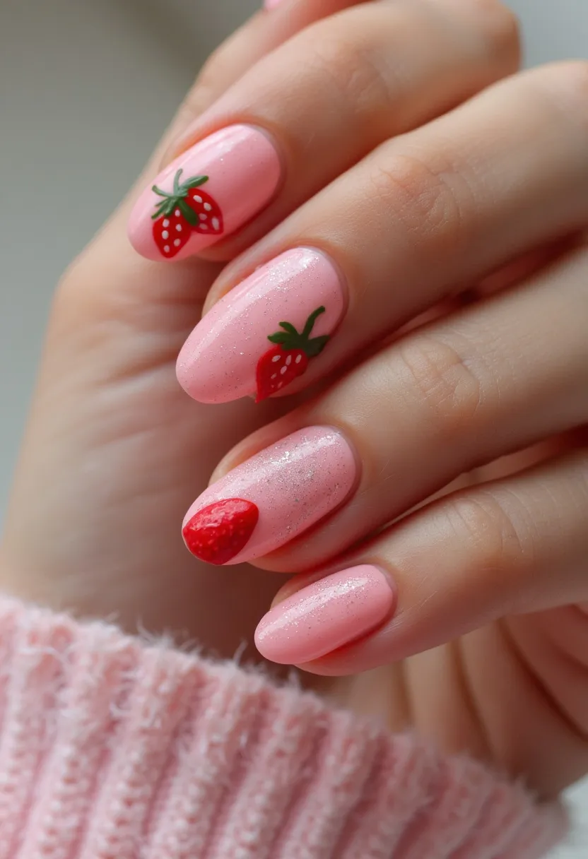 This nail design features a charming and playful look that utilizes a pastel pink color palette with a subtle shimmer effect, likely achieved through gel or shellac treatment, emphasizing a smooth and glossy finish. The nails are polished into an oval shape, contributing to the overall elegance of the design. Notably, the design incorporates strawberry-themed decorations, with small, intricately painted strawberries on select nails, enhancing the youthful and fresh aesthetic. The red strawberries with green leaves add a vibrant contrast against the soft pink backdrop, making the nails perfect for a cheerful and summery theme, potentially suitable for a spring or summer occasion.