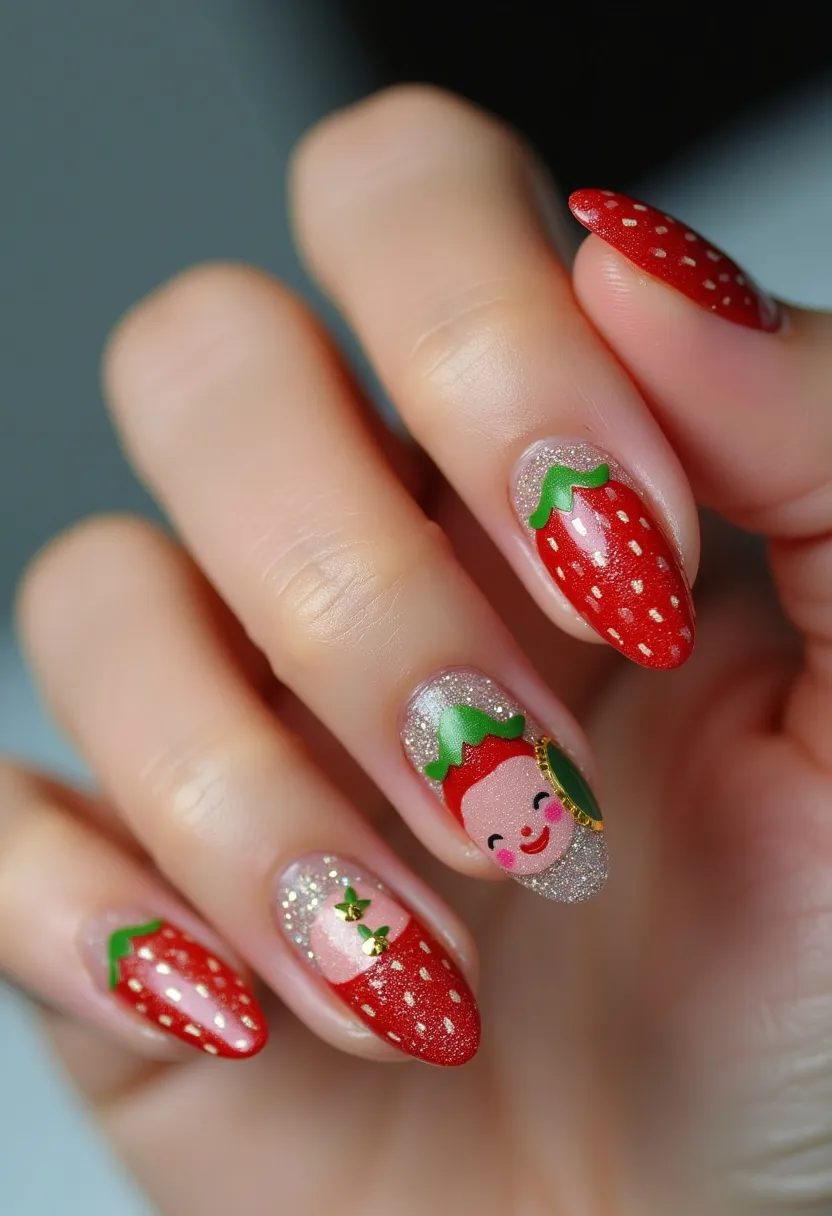 This delightful nail design features an almond-shaped nail style embellished with a strawberry theme. The primary color palette includes a vibrant red, green, pink, and sparkling silver. The nails sport intricate strawberry patterns with tiny seeds painted on the red polish, while the green tops represent the leaves, enhancing the fruit design. Two of the nails highlight playful cartoon faces with strawberry headdresses, one adorned with a small golden embellishment, adding a whimsical touch to the manicure. The usage of silver glitter polish elevates the overall design, making it eye-catching and festive. The nail treatment appears to be gel-based, given the smooth and glossy finish, ideal for a fun and fruity look suitable for the summer season or cheerful occasions.