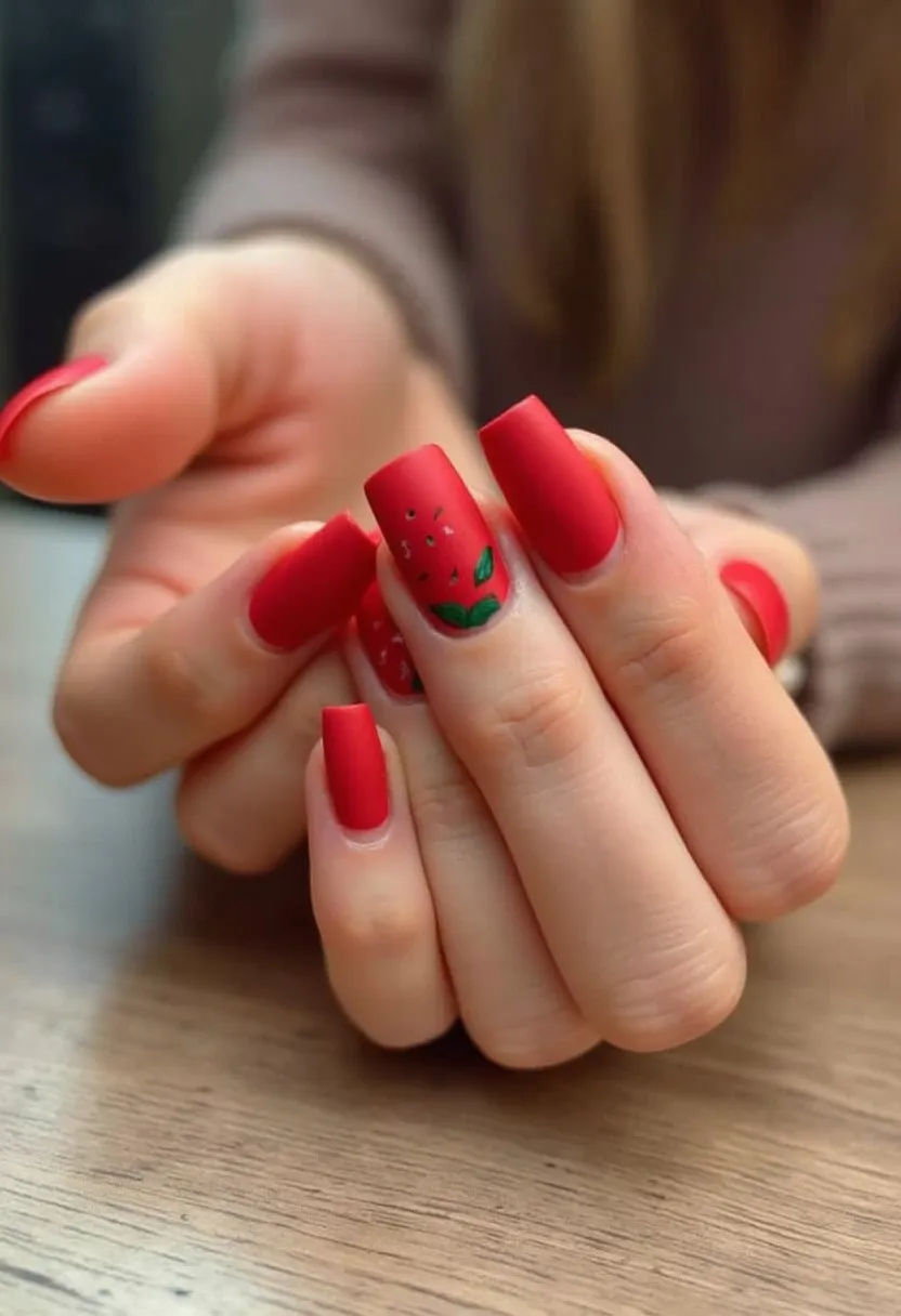 The nail design features a consistent matte red color palette across all nails, utilizing what appears to be either a gel or acrylic treatment to achieve a vibrant and smooth finish. The nails are shaped in a square-tip style, giving them a modern and structured appearance. The ring finger on each hand showcases an intricate pattern resembling strawberries, complete with small white dots to depict seeds and green leaf accents at the base, adding a playful and unique detail to the design. This nail art subtly hints at a summer or fruity theme, possibly suited for the warmer seasons or special occasions and events with a fun and casual atmosphere.