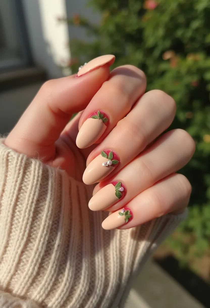 The nail design features a sophisticated palette with a nude base color, accentuated by intricate decorations near the cuticles. The nails are shaped into a stylish almond form. Each nail has a delicate pattern of green leaves and small white flowers, which are detailed with a touch of 3D embellishment, possibly pearls, adding texture and an elegant touch. This design seems to be created using gel polish, given its smooth finish and potential for detailed artwork. The overall theme is floral, which is versatile and can be attributed to a spring or summer season, fitting for special occasions like weddings or garden parties. The combination of soft nude and vibrant green ensures a blend of simplicity and sophistication, making the design stand out.