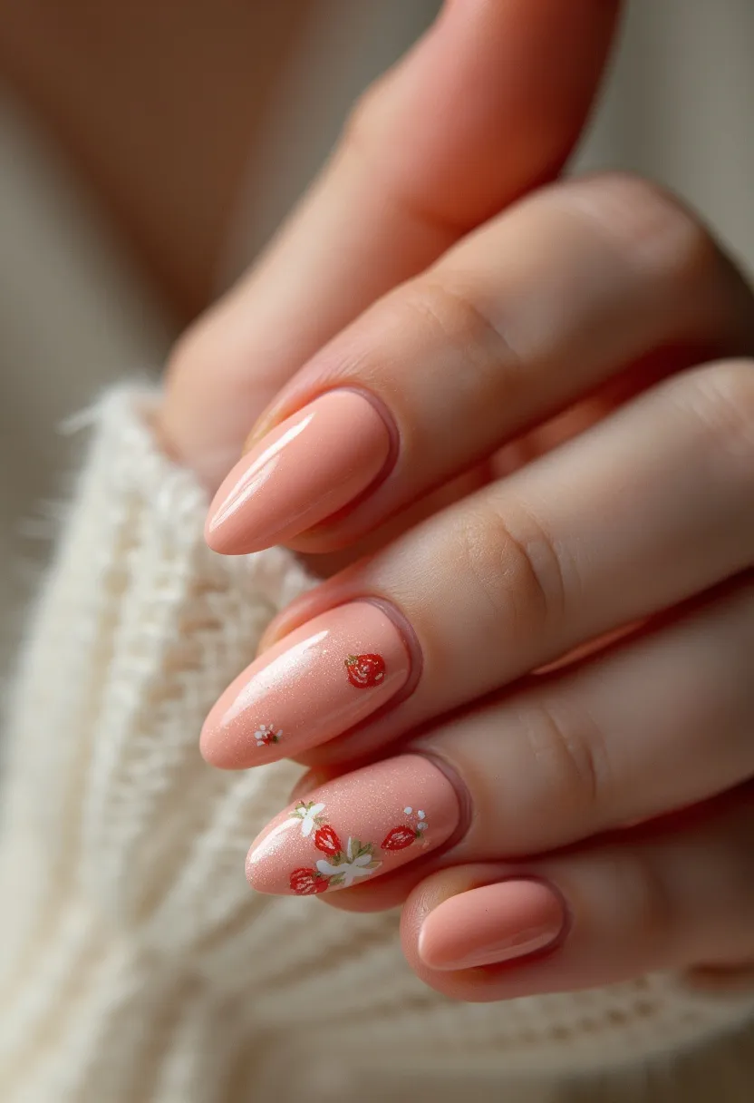 The nail design features a soft and feminine color palette dominated by a peachy-pink base. The nails are shaped into a smooth almond form, giving a refined and elegant appearance. Delicate and intricate patterns of miniature strawberries and tiny white flowers decorate a few of the nails, adding a touch of whimsy and charm. The type of nail treatment appears to be either gel or shellac, given the high gloss and smooth finish. This design exudes a fresh, seasonal theme, likely inspired by spring or summer due to the inclusion of vibrant and playful fruit and floral motifs.